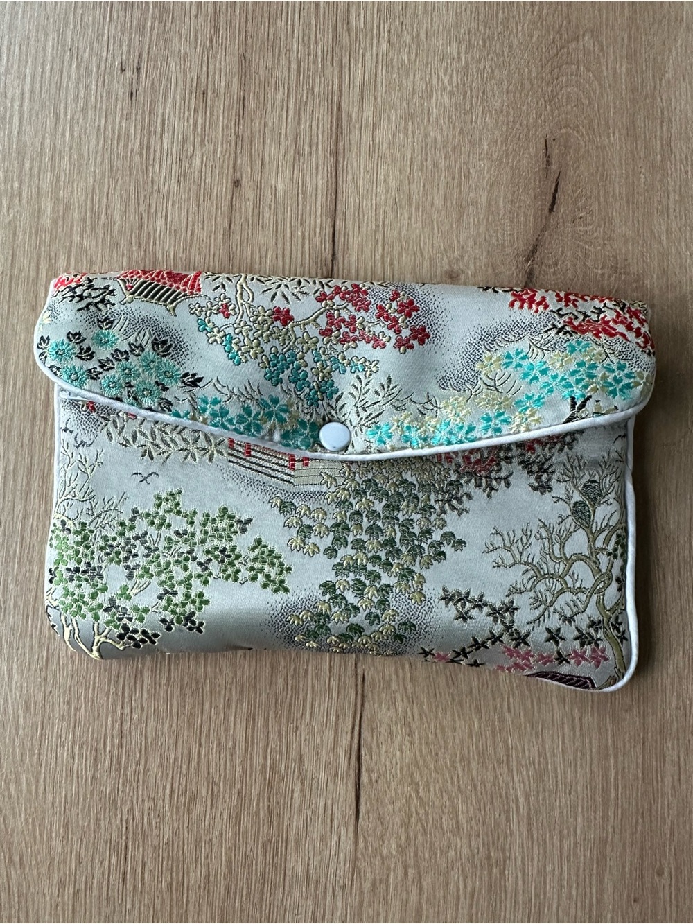 Embroidered Floral Satin Wallet in Ivory and Multicolor
